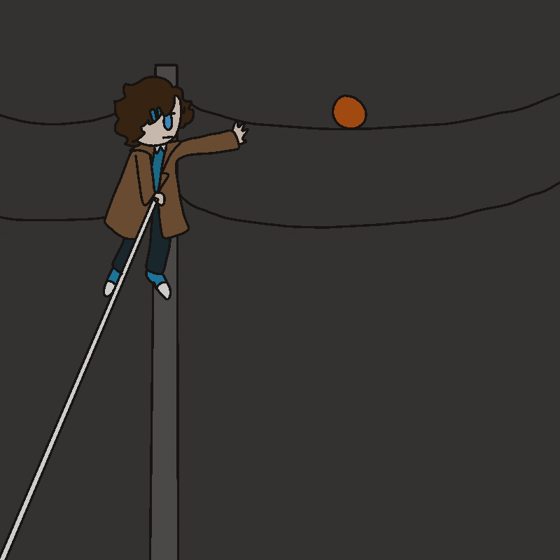 Roy straddles the top rung of the ladder and stretches to grab the ball off the wires.