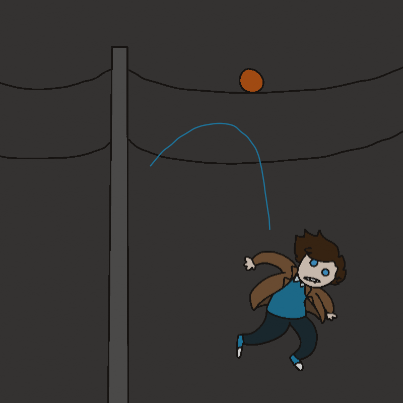 Roy falls short of catching the ball or grabbing the wires for support, instead falling downwards.