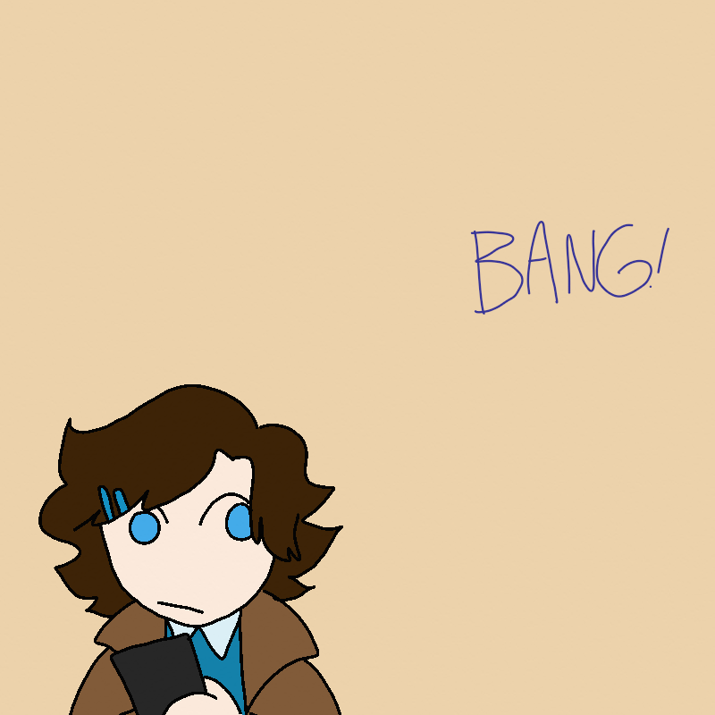 Roy looks up from his phone. Blue text showing the sfx 'BANG' is in the right side of the panel.