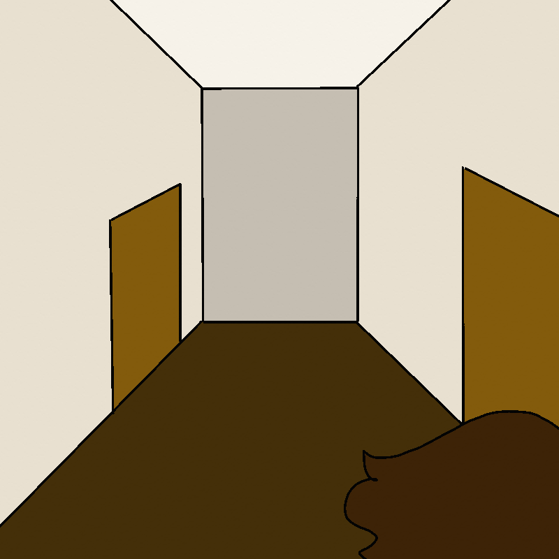 The hallway in Roy's apartment. His head is barely visible at the bottom right corner, looking down the hallway.