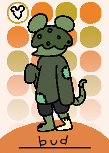 A villager card. A green mouse with puffy hair stands on an orange background.