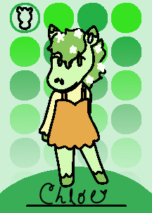 A villager card. A green horse with white flowers in her hair stands on a green background.
