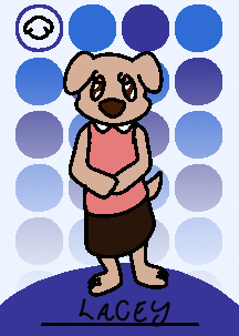 A villager card. A light brown dog with shiny brown eyes stands on a blue background.