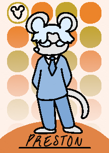 A villager card. A blue mouse wearing glasses and a suit stands on an orange background.
